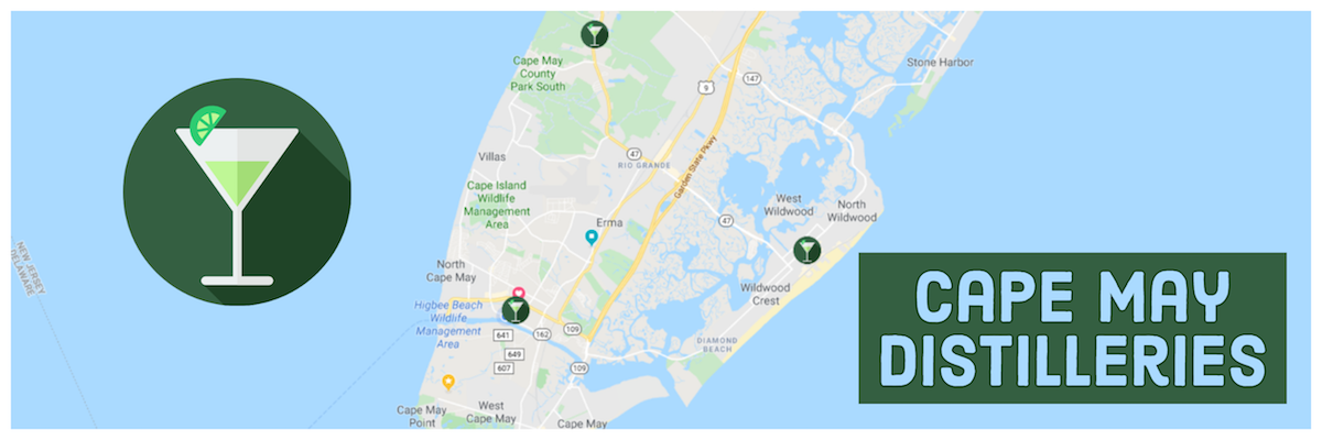 Map of Cape May County distillers with logo and label