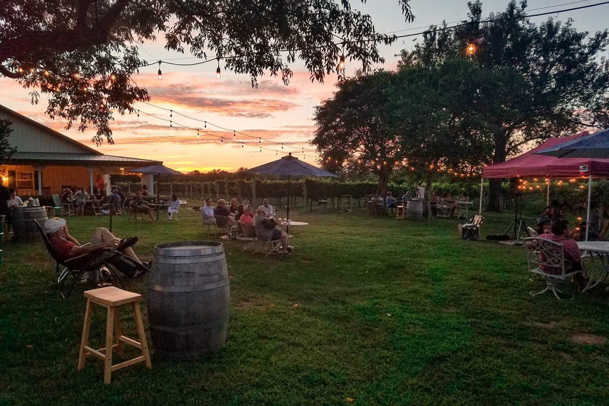Guests in lawn chairs enjoying the sunset at Jessie Creek Winery in Cape May with tents and sting lights in the trees