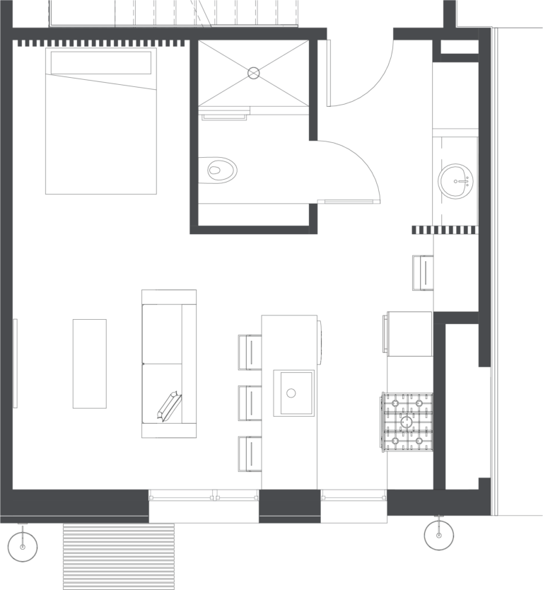 Floorplan of the Front Jawn studio apartment hotel room at Lokal Hotel Fishtown