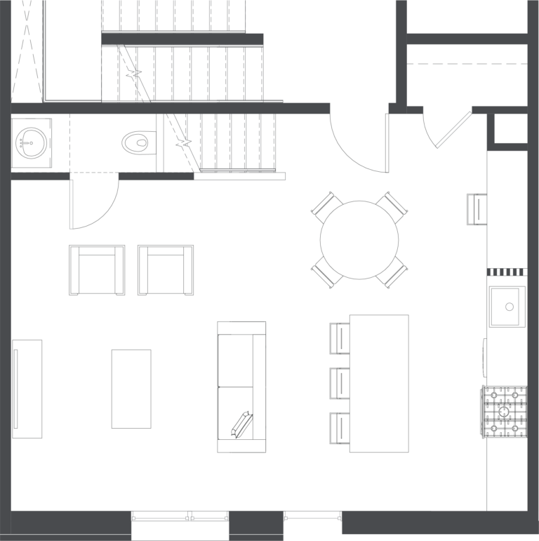 Floorplan of the 1st level of the Big and Baller Jawn 2 bedroom apartment hotel room at Lokal Hotel Fishtown