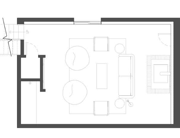 Triangle House Floorplan of lower den entertainment room