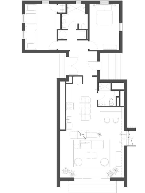 Triangle House floorplan diagram of living room, kitchen, 2 bedrooms and 2 bathrooms