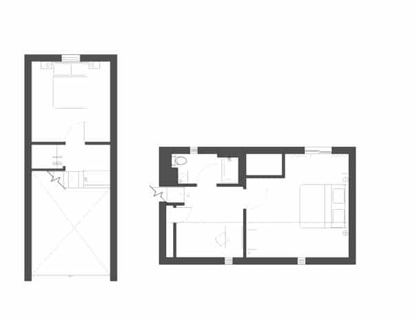 Triangle House Floorplans showing upper levels with 2 bedrooms and one bathroom plus small office nook with desk